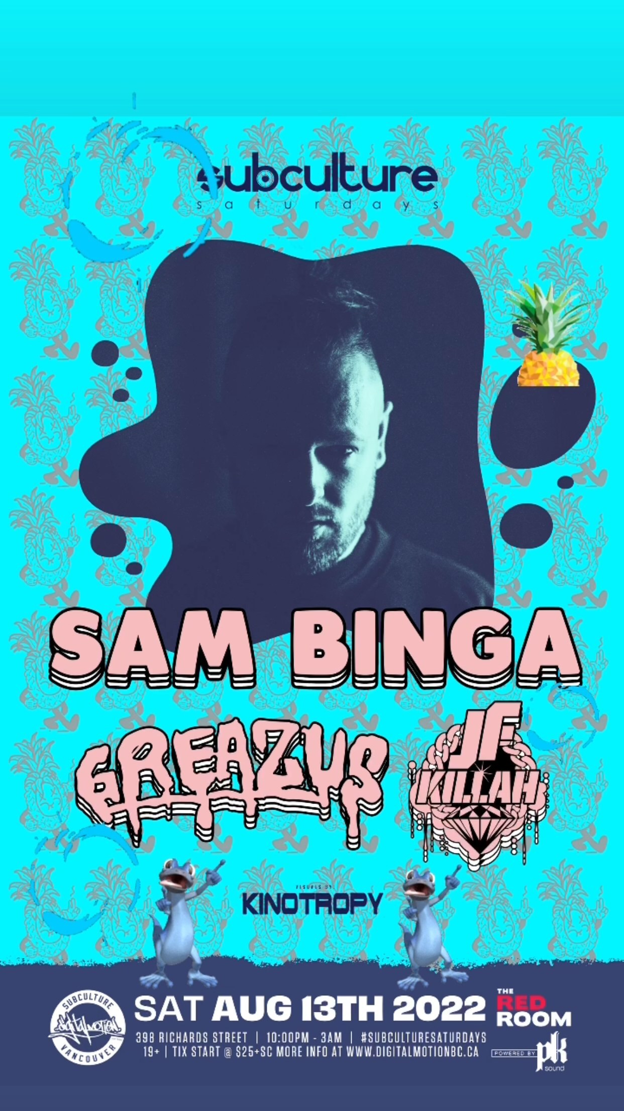 🚨announcement🚨Join us for a front to back stunner of a night august 13th that will showcase sound system culture in all it's glory! Don't miss the highly anticipated Vancouver return of Bristol UK Bass music producer @sambingamusic alongside Vancity favs @greazus @jfkillah w/ visuals powered by @kinotropy 🔊💯🎶🎉🍍 early bird tickets are now available on our site 🚨 #digitalmotionevents #digitalmotionbc #redroomvancouver #vancouvernightlife #vancouverbc #vancouvernightclub #subculturesaturdays