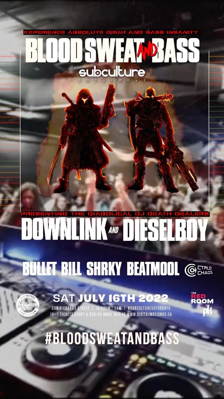 The Blood, Sweat, & Bass Tour goes down This Saturday with DnB heavy hitters Downlink and Dieselboy w/ local support from @djbulletbill @shrkymusic @beatmool This has become a must see, mind blowing event for the bass community. Get ready to experience absolute 100% Drum & Bass insanity! All flavours will represented. Tickets are still available online.