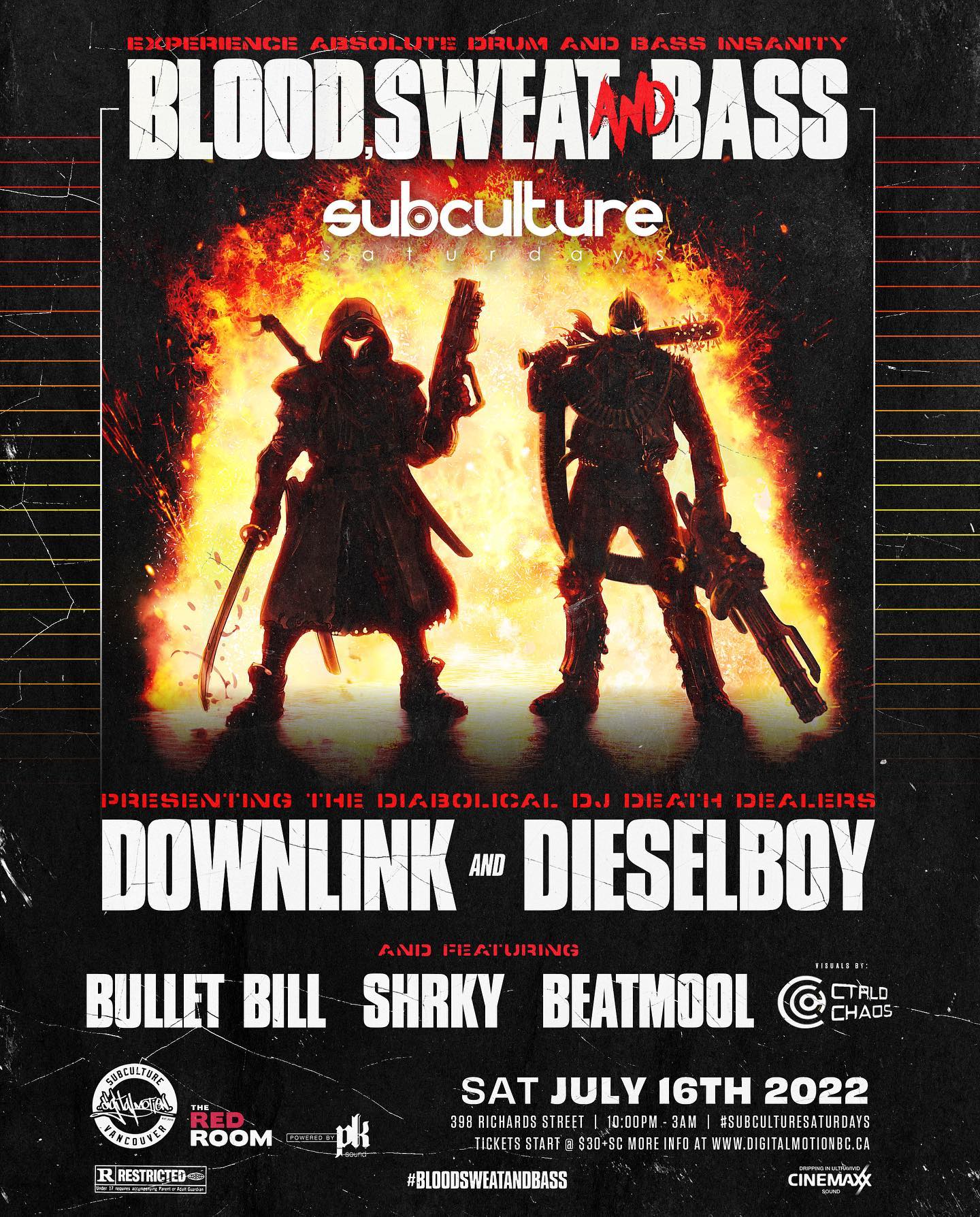 The Blood, Sweat, & Bass Tour goes down July 16th with DnB heavy hitters Downlink and Dieselboy! This has become a must see, mind blowing event for the bass community. Get ready to experience absolute 100% Drum & Bass insanity! All flavours will represented. Tickets are now on sale on @digitalmotionevents website 🔊💯🎶🎉